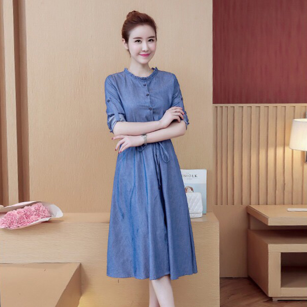 ĐẦM JEAN DENIM XÒE TAY DÀI CỔ BÈO TRÒN - N14